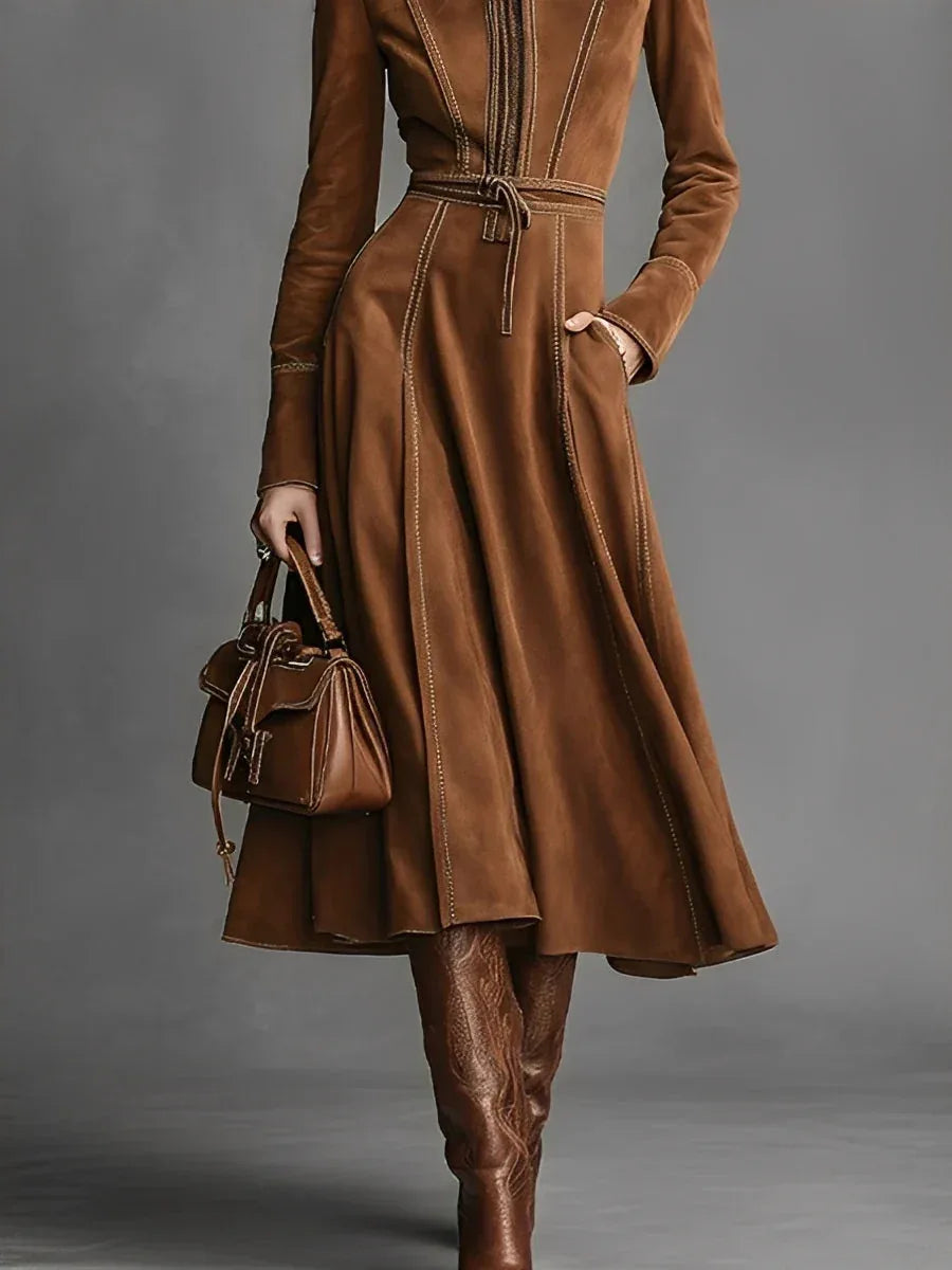 Brown Faux Suede Front Zipper Belted Elegant Maxi Dress - NuaVibe