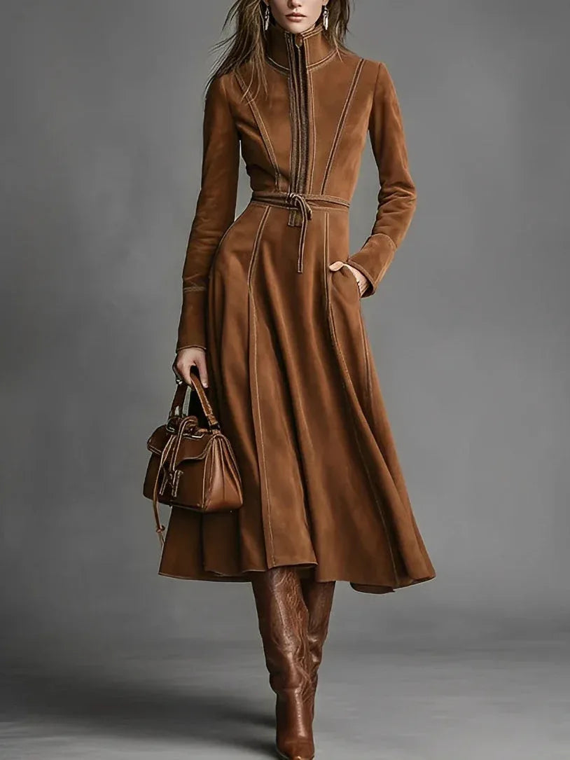 Brown Faux Suede Front Zipper Belted Elegant Maxi Dress - NuaVibe