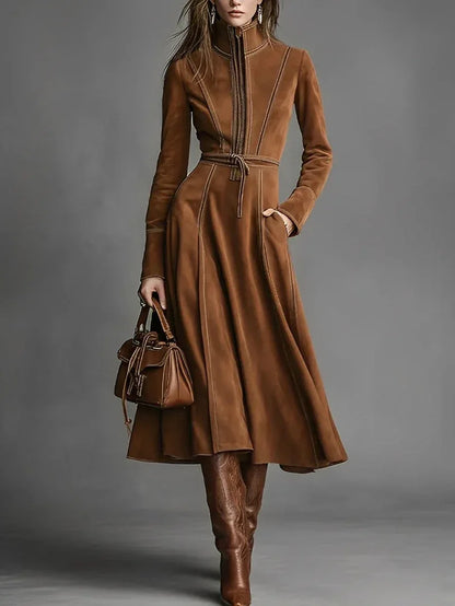 Brown Faux Suede Front Zipper Belted Elegant Maxi Dress - NuaVibe
