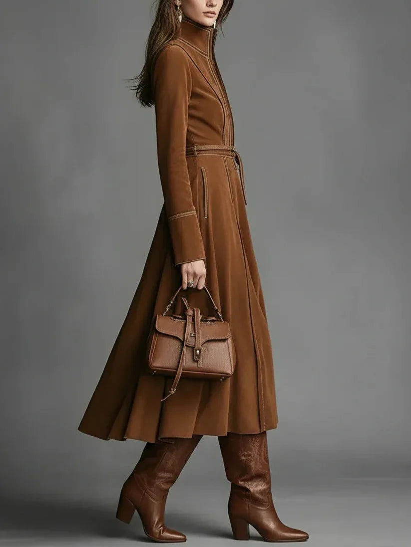 Brown Faux Suede Front Zipper Belted Elegant Maxi Dress - NuaVibe