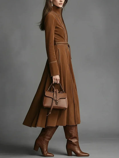 Brown Faux Suede Front Zipper Belted Elegant Maxi Dress - NuaVibe