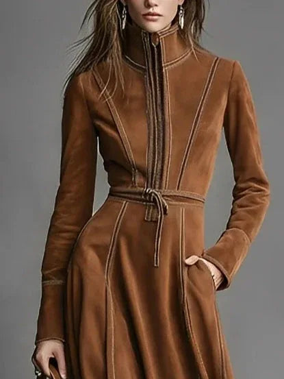 Brown Faux Suede Front Zipper Belted Elegant Maxi Dress - NuaVibe