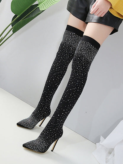 Sparkling Rhinestone-studded Over-the-knee Elastic Sock Boots