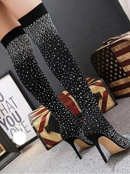 Sparkling Rhinestone-studded Over-the-knee Elastic Sock Boots