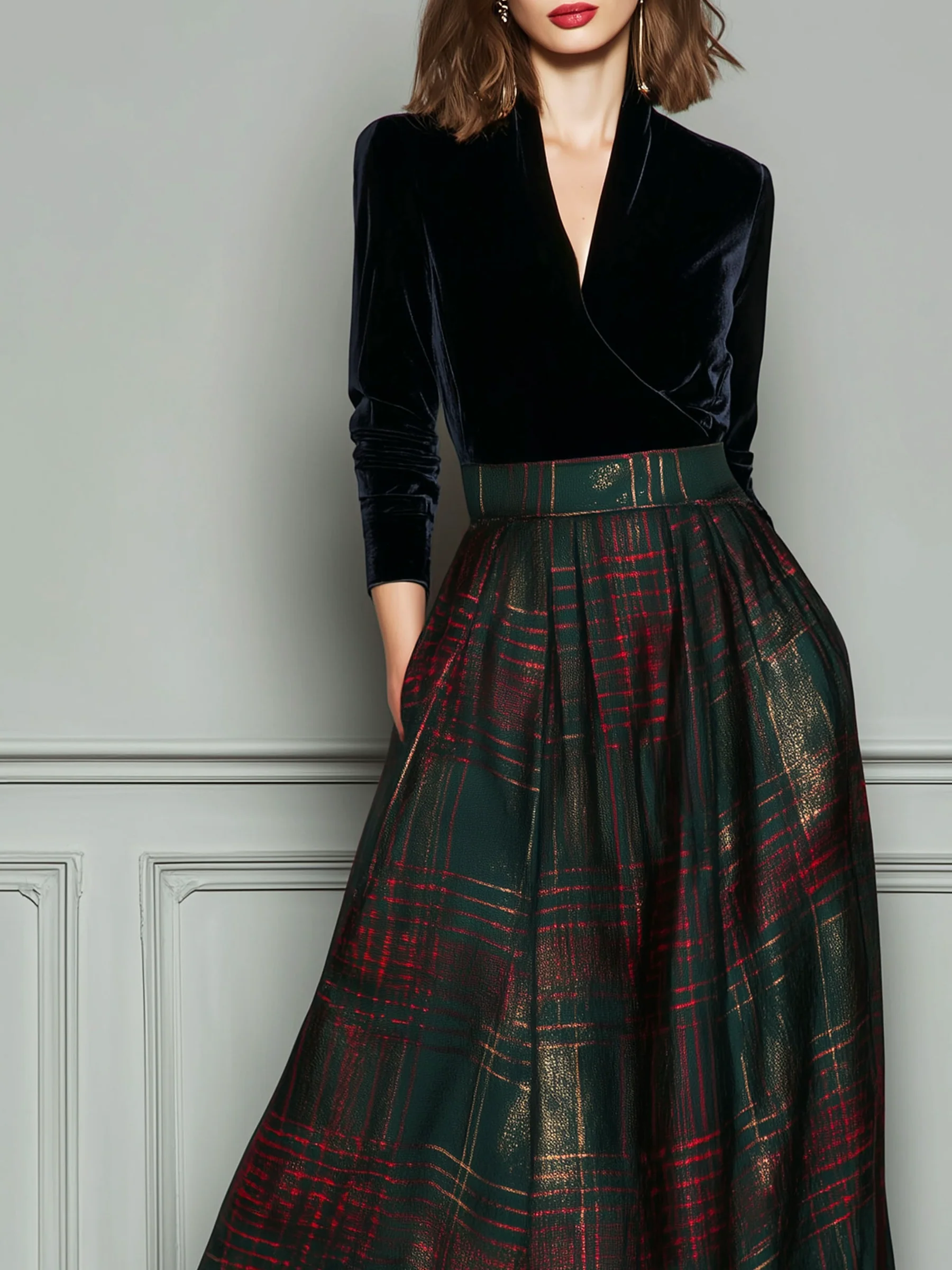 Black V-neck Velvet Green Plaid Patchwork Maxi Dress