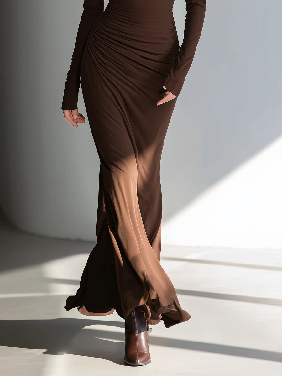 Dark Brown Square Neck Long-sleeved Pleated Fitted Maxi Dress