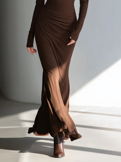 Dark Brown Square Neck Long-sleeved Pleated Fitted Maxi Dress