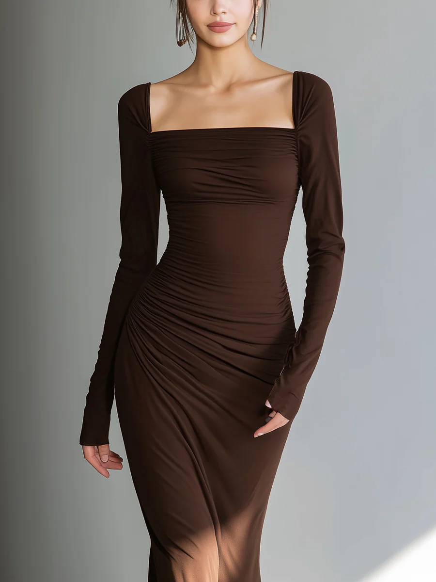 Dark Brown Square Neck Long-sleeved Pleated Fitted Maxi Dress