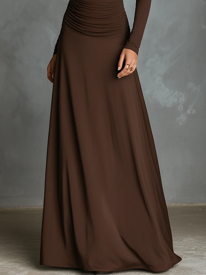 Elegant Dark Brown Turtleneck Pleated Maxi Dress
