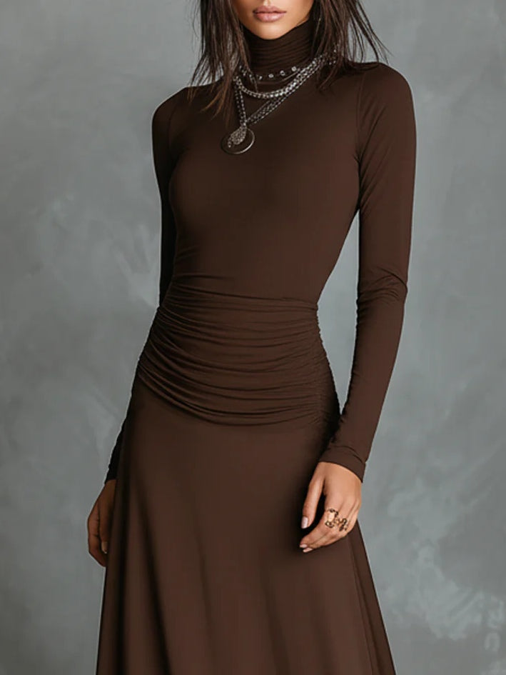 Elegant Dark Brown Turtleneck Pleated Maxi Dress