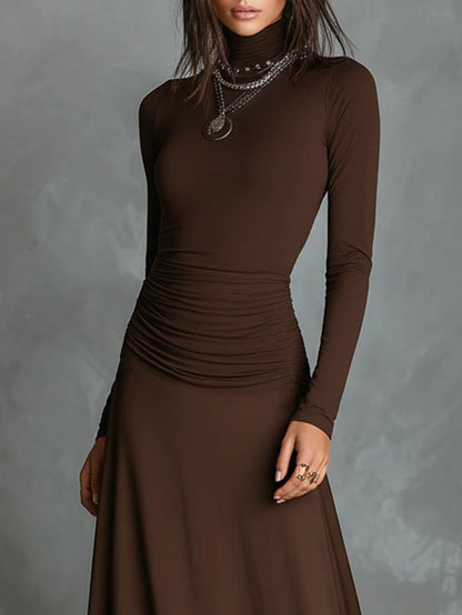 Elegant Dark Brown Turtleneck Pleated Maxi Dress
