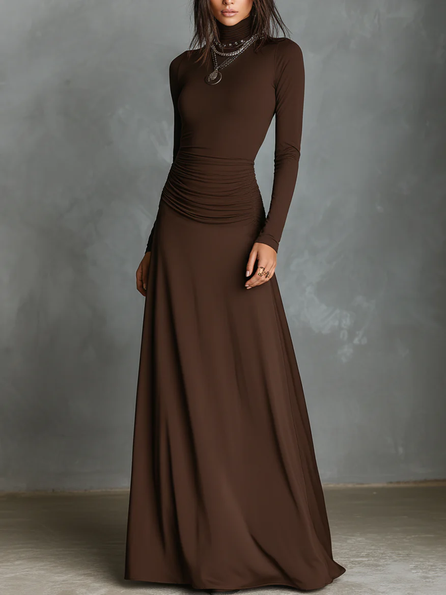 Elegant Dark Brown Turtleneck Pleated Maxi Dress
