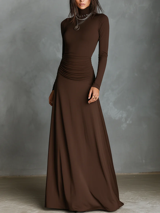 Elegant Dark Brown Turtleneck Pleated Maxi Dress