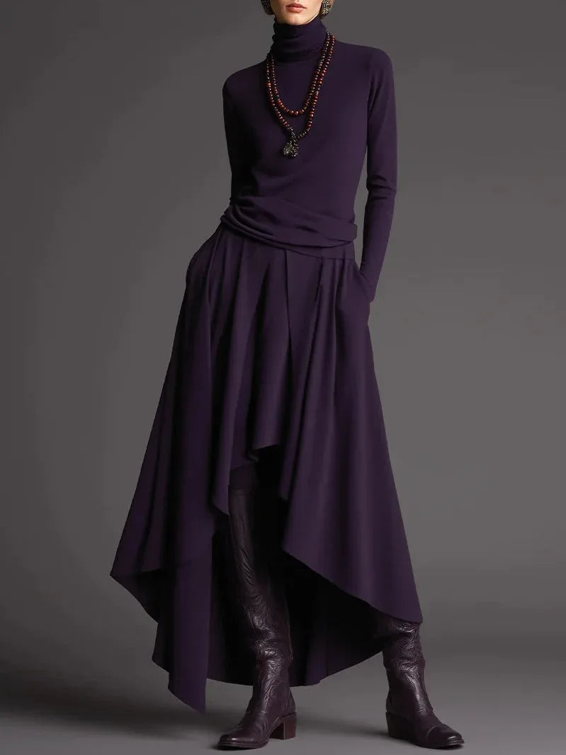 Purple Turtleneck Top and Asymmetrical Skirt Two-piece Set - NuaVibe