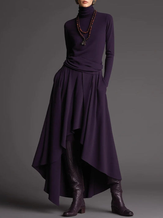 Purple Turtleneck Top and Asymmetrical Skirt Two-piece Set