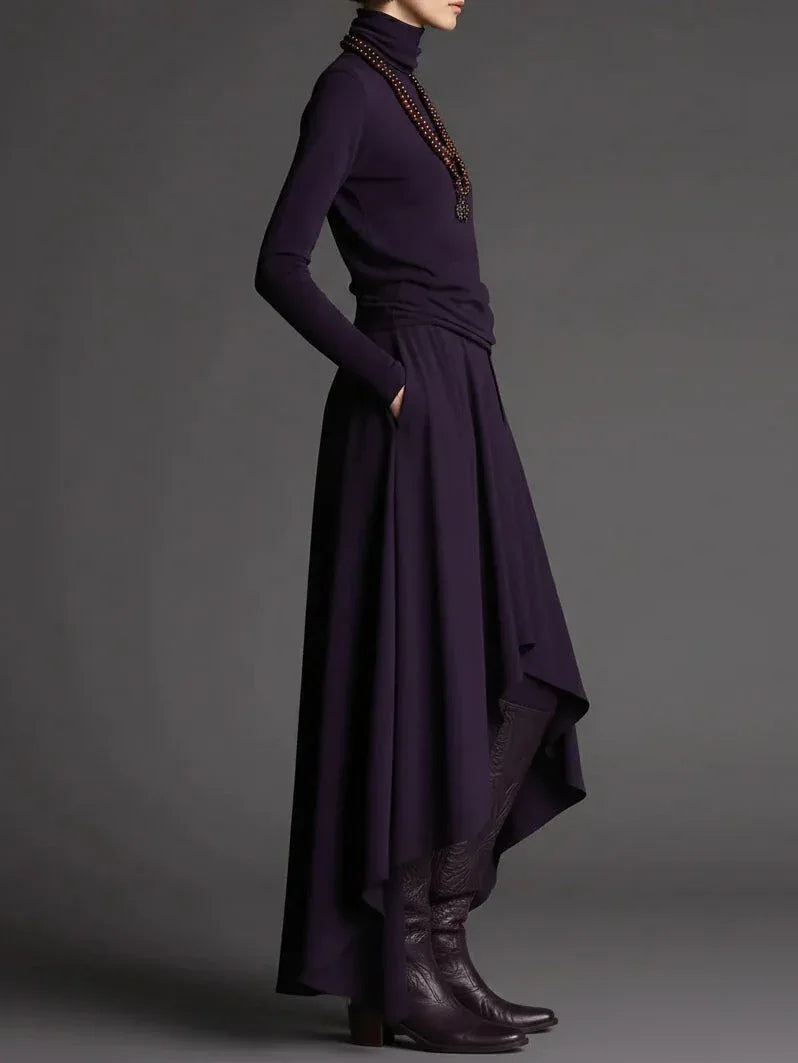 Purple Turtleneck Top and Asymmetrical Skirt Two-piece Set - NuaVibe