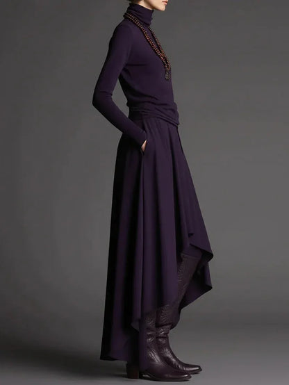 Purple Turtleneck Top and Asymmetrical Skirt Two-piece Set - NuaVibe