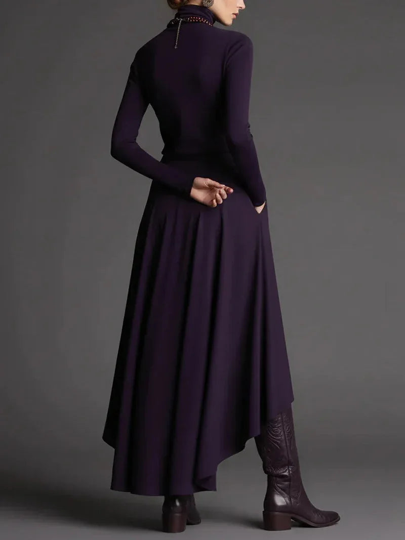 Purple Turtleneck Top and Asymmetrical Skirt Two-piece Set - NuaVibe
