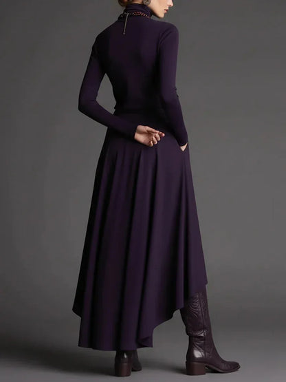 Purple Turtleneck Top and Asymmetrical Skirt Two-piece Set - NuaVibe