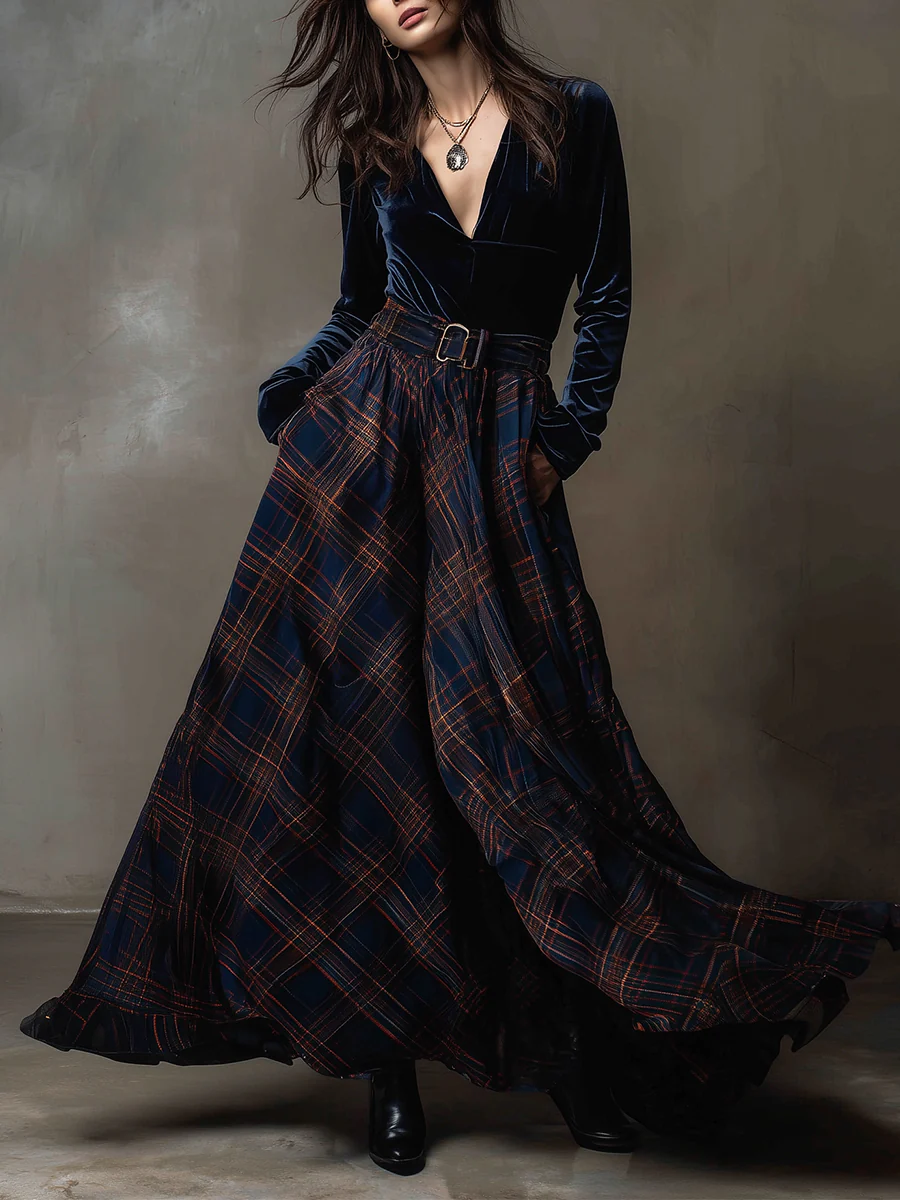 Navy Blue V-neck Velvet Top and Plaid Skirt Two-piece Set (with belt)
