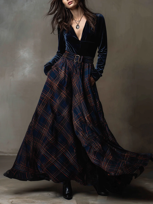 Navy Blue V-neck Velvet Top and Plaid Skirt Two-piece Set (with belt)