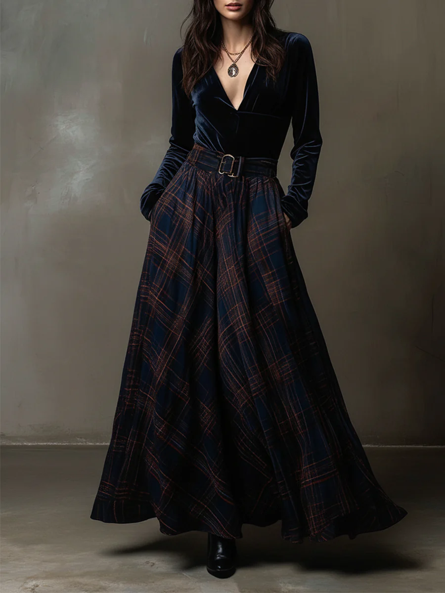 Navy Blue V-neck Velvet Top and Plaid Skirt Two-piece Set (with belt)