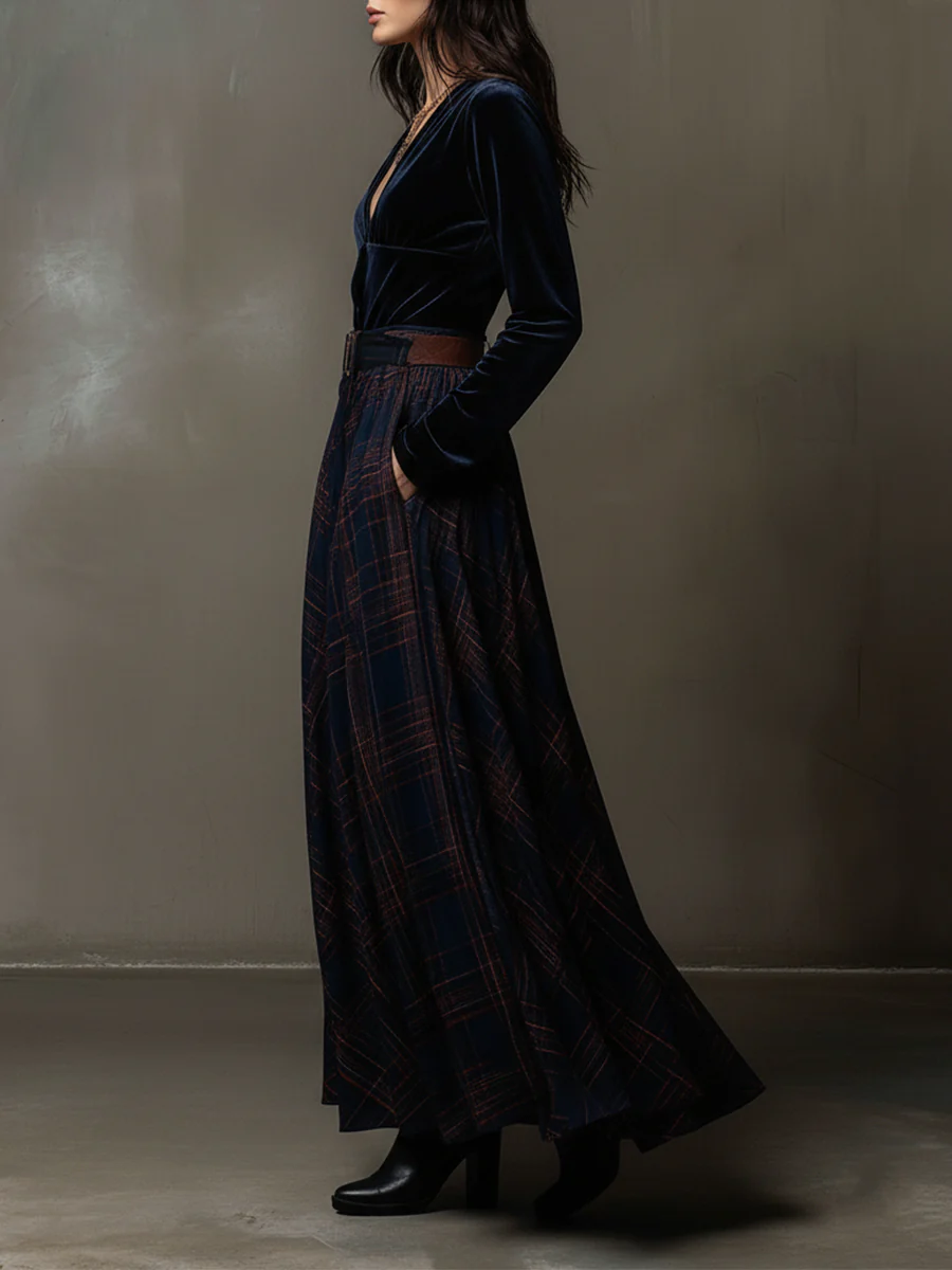 Navy Blue V-neck Velvet Top and Plaid Skirt Two-piece Set (with belt)