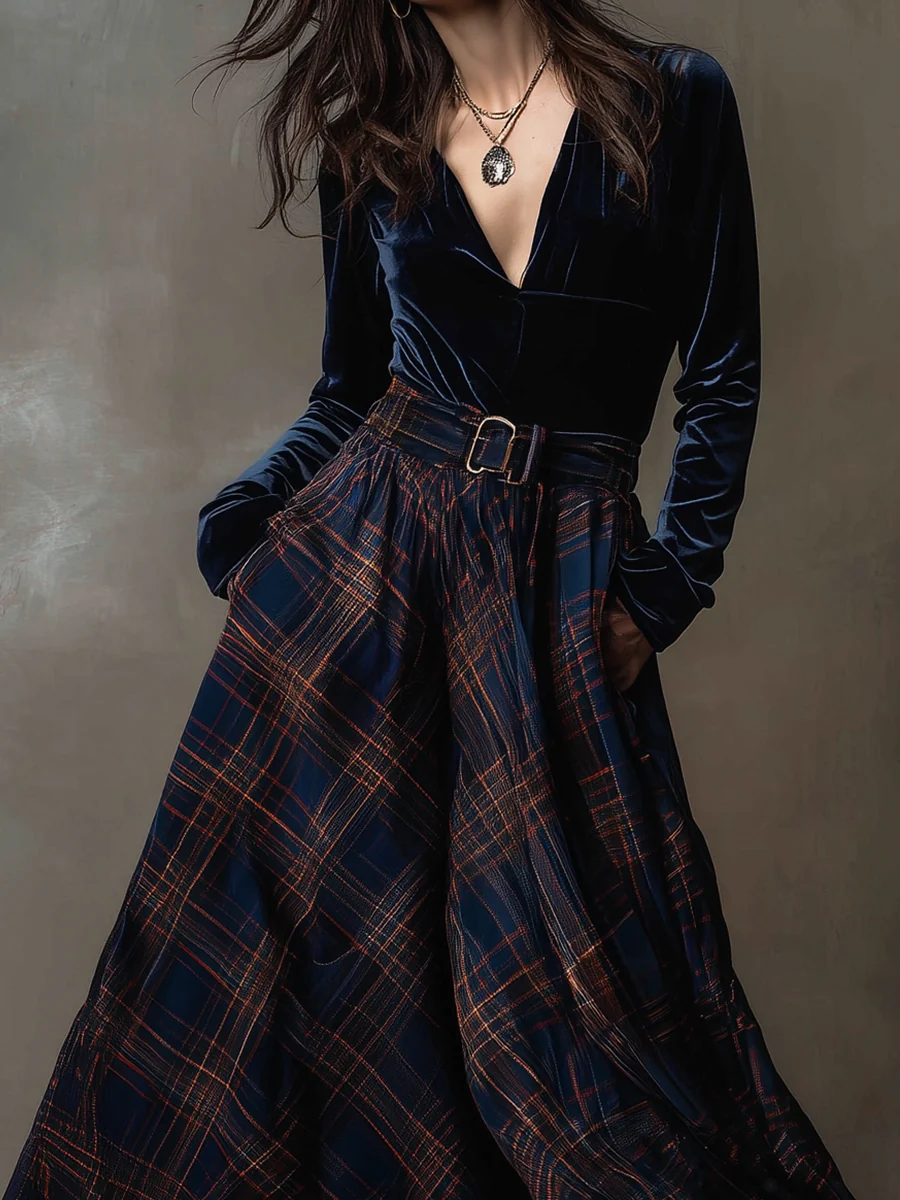 Navy Blue V-neck Velvet Top and Plaid Skirt Two-piece Set (with belt)