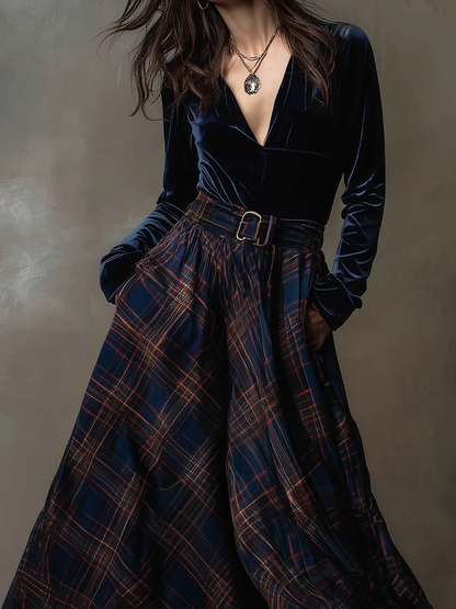 Navy Blue V-neck Velvet Top and Plaid Skirt Two-piece Set (with belt)