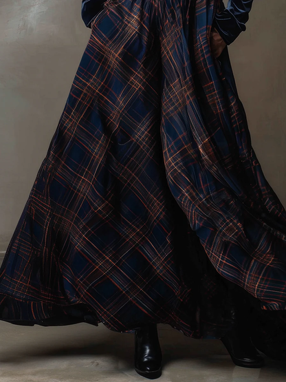 Navy Blue V-neck Velvet Top and Plaid Skirt Two-piece Set (with belt)