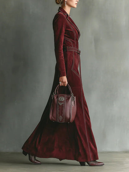 Burgundy Deep V-neck Suit Collar Zip-up Slit Maxi Dress (with belt)