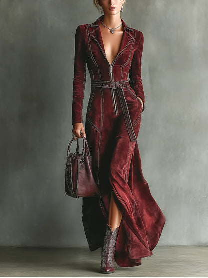 Burgundy Deep V-neck Suit Collar Zip-up Slit Maxi Dress (with belt)