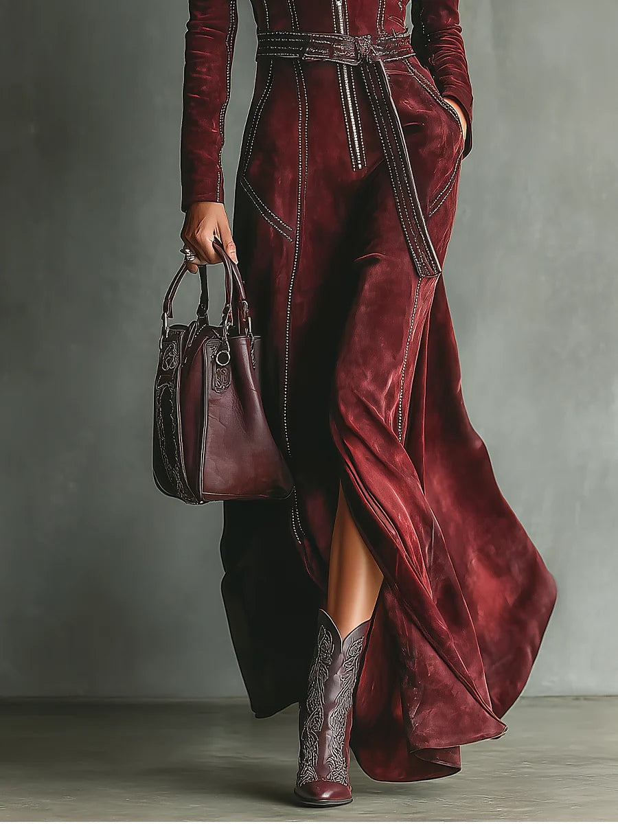 Burgundy Deep V-neck Suit Collar Zip-up Slit Maxi Dress (with belt)