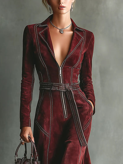 Burgundy Deep V-neck Suit Collar Zip-up Slit Maxi Dress (with belt)