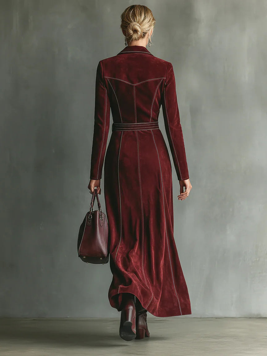Burgundy Deep V-neck Suit Collar Zip-up Slit Maxi Dress (with belt)