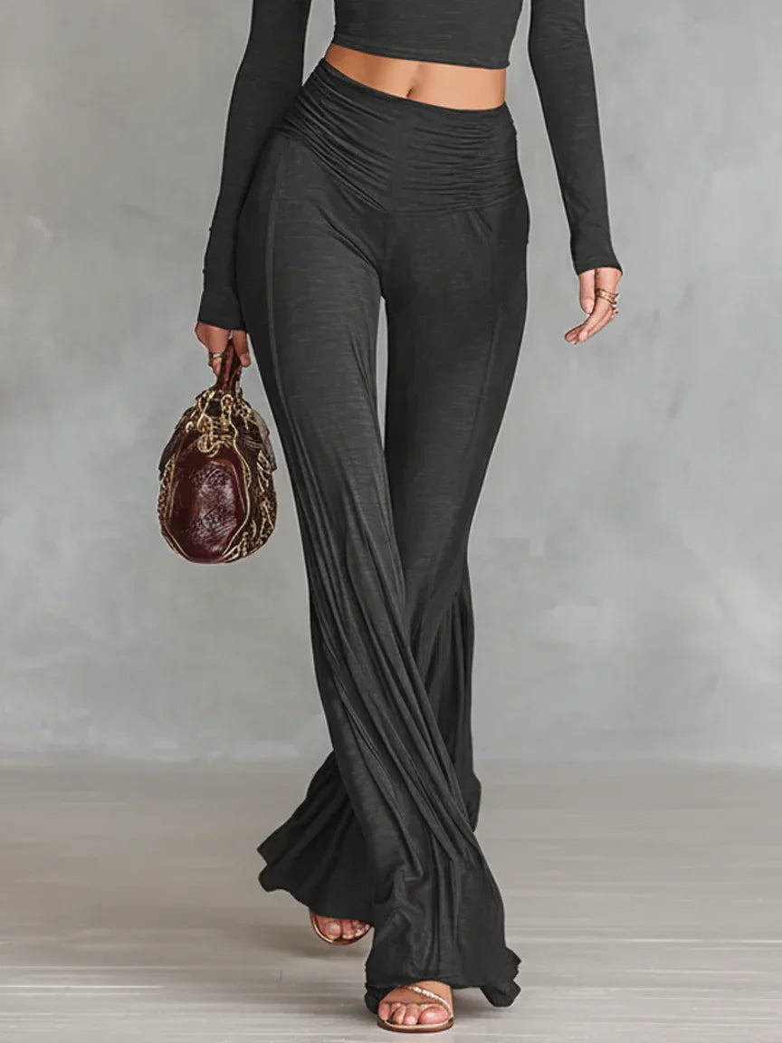 Dark Gray Casual Turtleneck Crop Top and Flared Pants Two-piece Set - NuaVibe