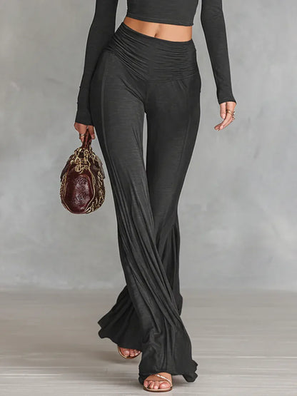 Dark Gray Casual Turtleneck Crop Top and Flared Pants Two-piece Set - NuaVibe
