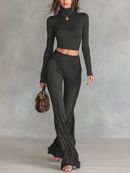 Dark Gray Casual Turtleneck Crop Top and Flared Pants Two-piece Set - NuaVibe