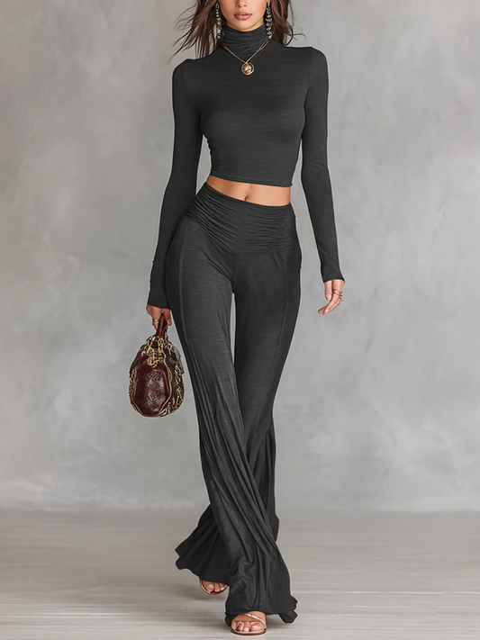 Dark Gray Casual Turtleneck Crop Top and Flared Pants Two-piece Set