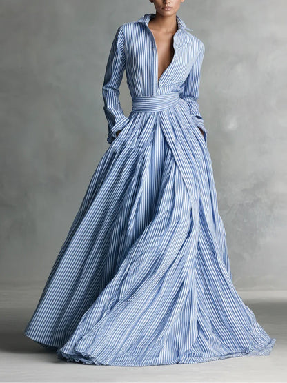 Minimalist Blue Striped Shirt Collar Tie-up Maxi Dresses