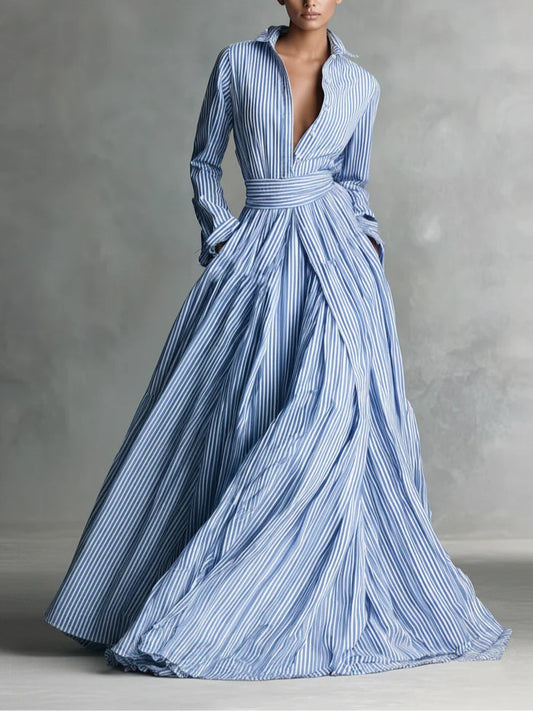 Minimalist Blue Striped Shirt Collar Tie-up Maxi Dresses