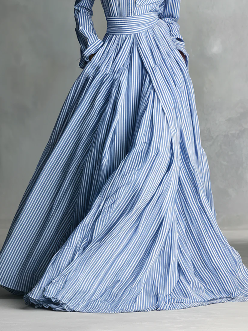 Minimalist Blue Striped Shirt Collar Tie-up Maxi Dresses