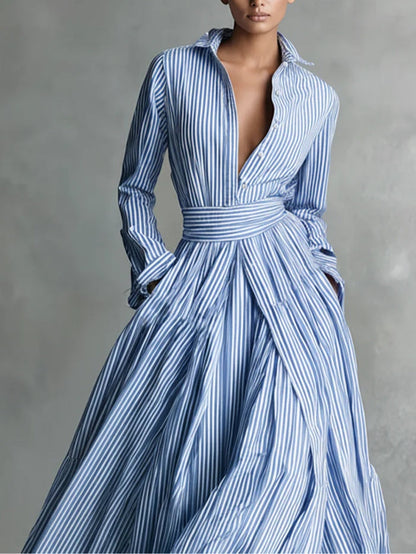 Minimalist Blue Striped Shirt Collar Tie-up Maxi Dresses