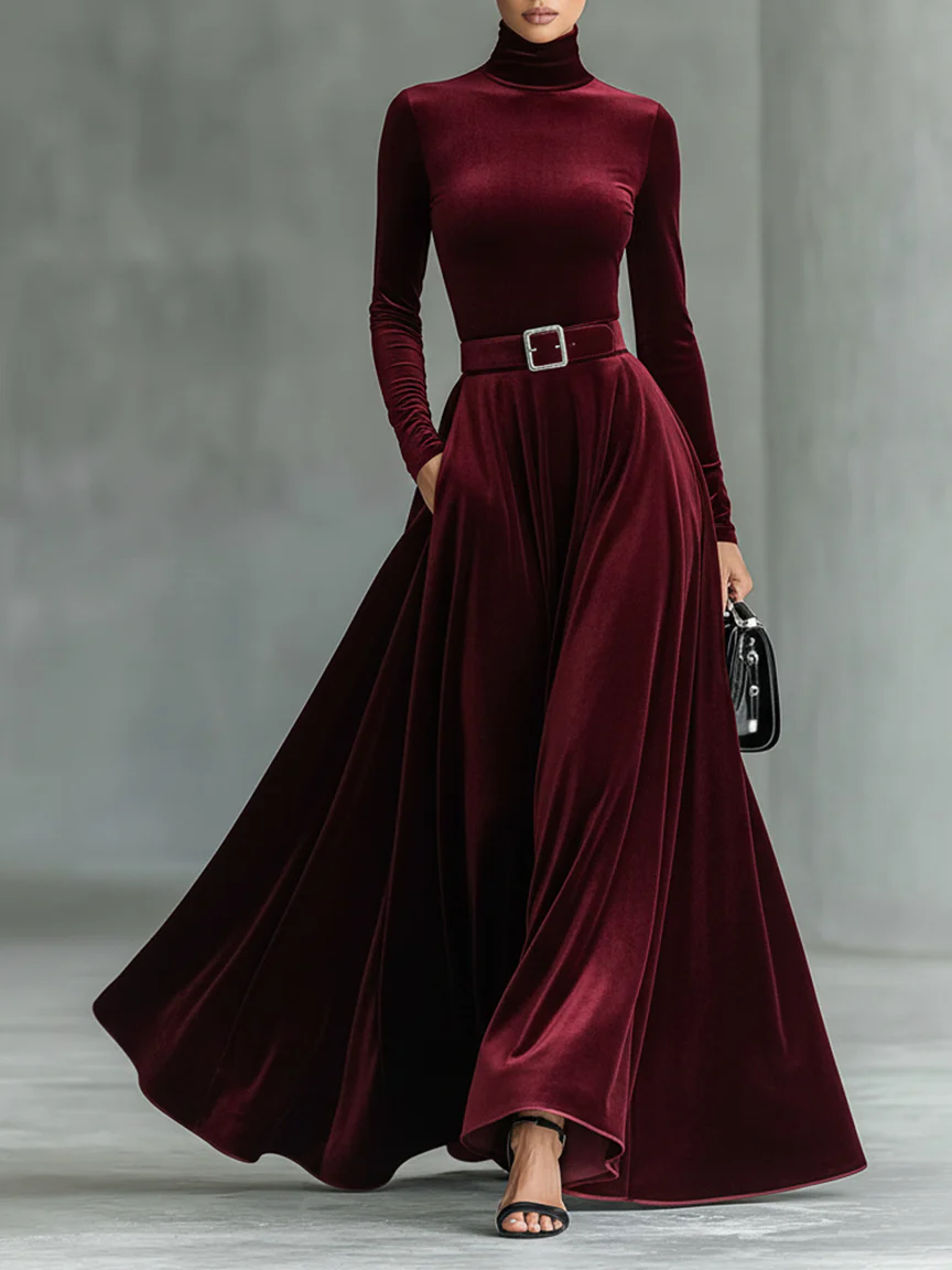 Minimalist Velvet Turtleneck Maxi Dress (with belt)