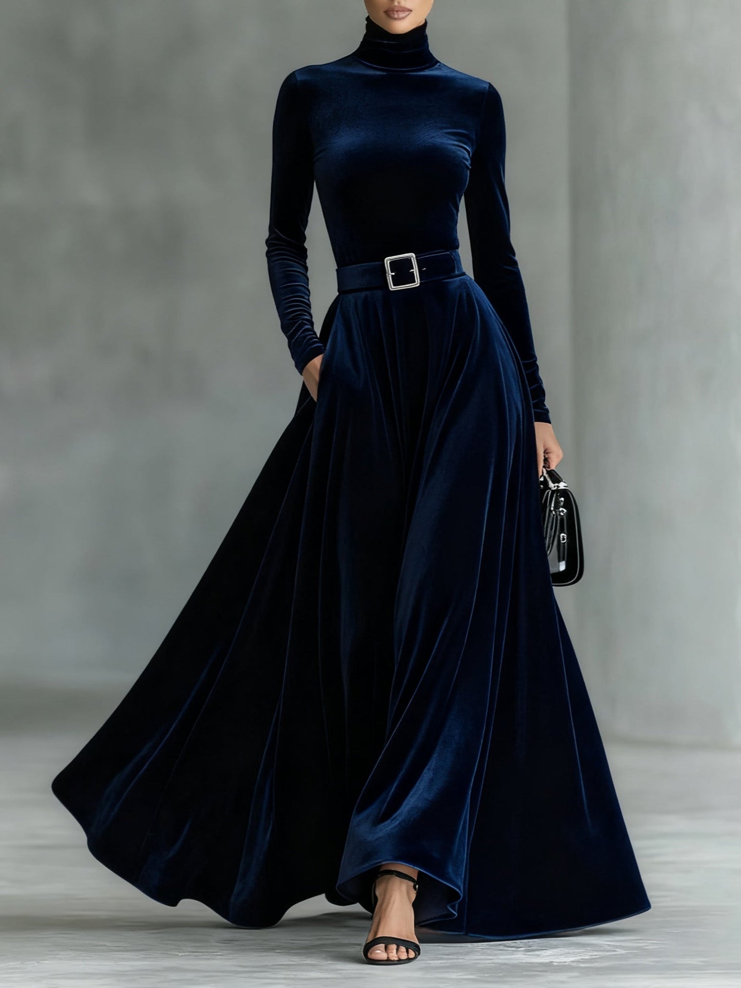 Minimalist Velvet Turtleneck Maxi Dress (with belt)