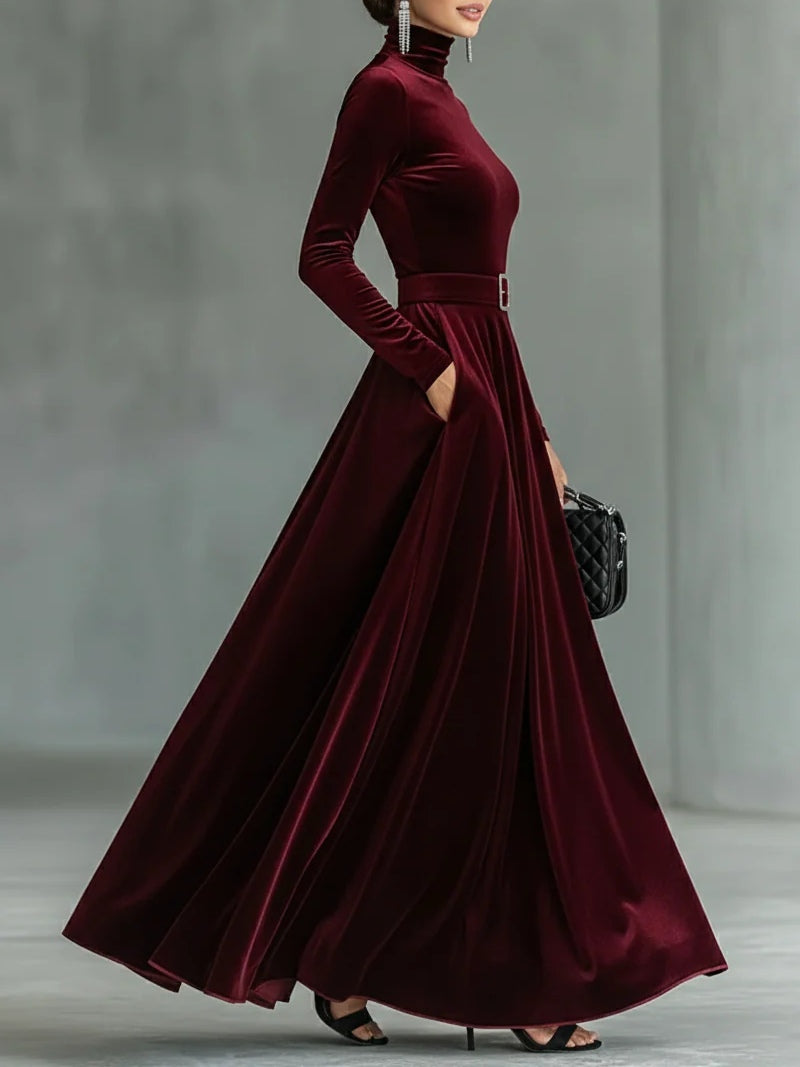 Minimalist Velvet Turtleneck Maxi Dress (with belt)