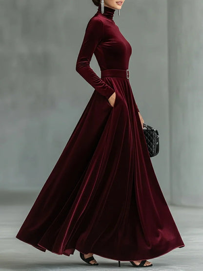 Minimalist Velvet Turtleneck Maxi Dress (with belt)