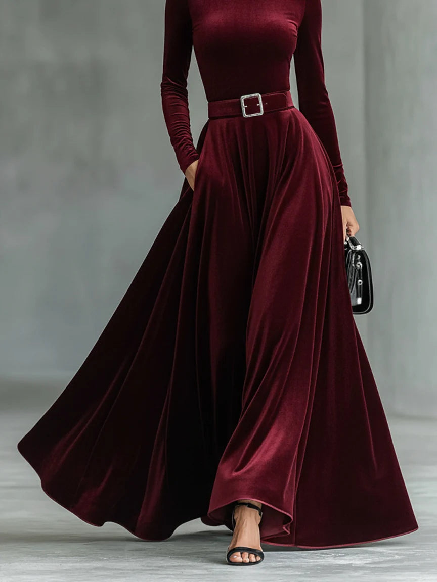 Minimalist Velvet Turtleneck Maxi Dress (with belt)