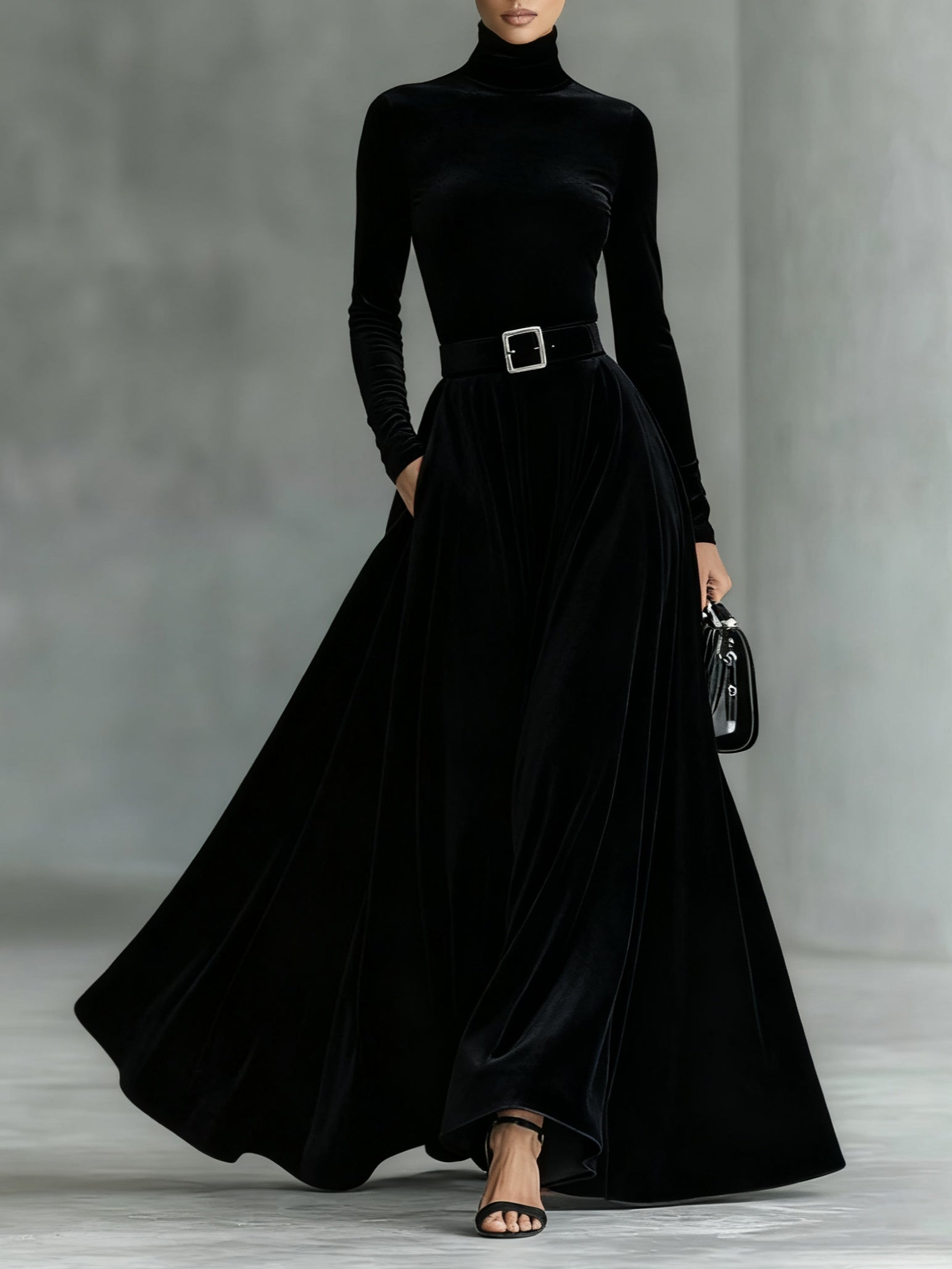 Minimalist Velvet Turtleneck Maxi Dress (with belt)