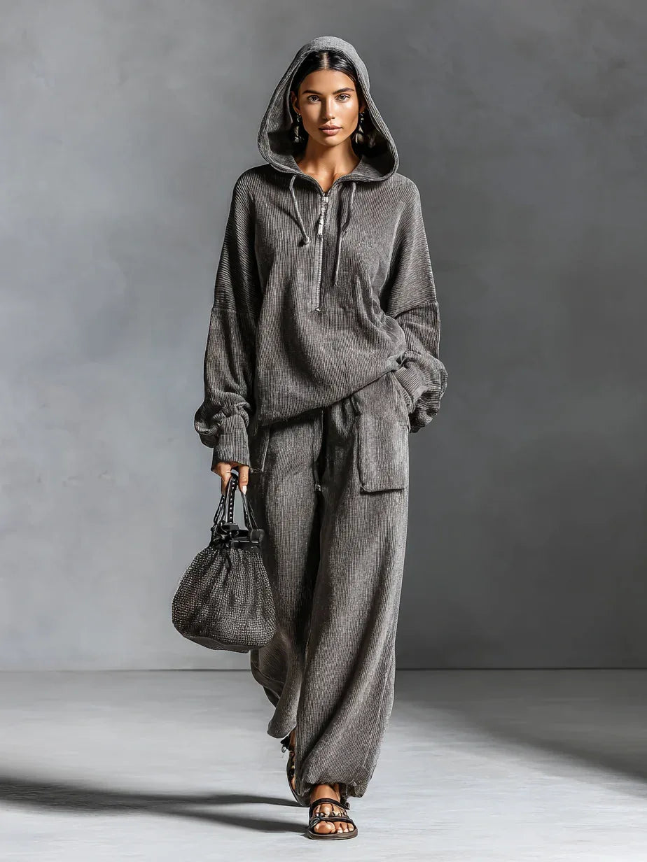 Dark Gray Casual Corduroy Hooded Sweatshirt and Straight-leg Pants Two-piece Set - NuaVibe